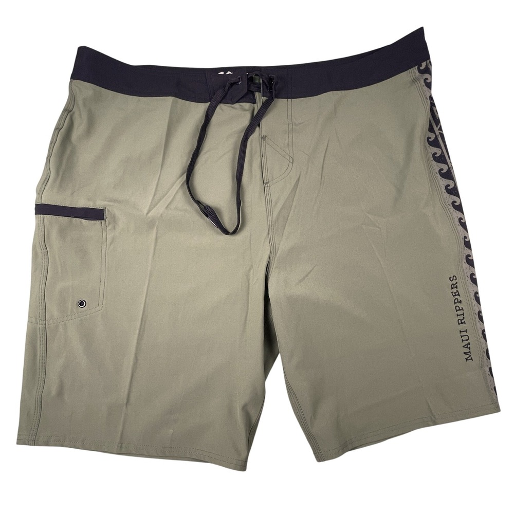 Maui Rippers Board Shorts Mens 42 Olive Green Wave Graphic Stretch Swim Trunks